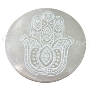 Natural Selenite Satin Spar Hamsa Coaster Charging Decor Plate